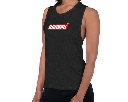 Model wearing the OOKAMI Logo Red women's muscle tank top, front view