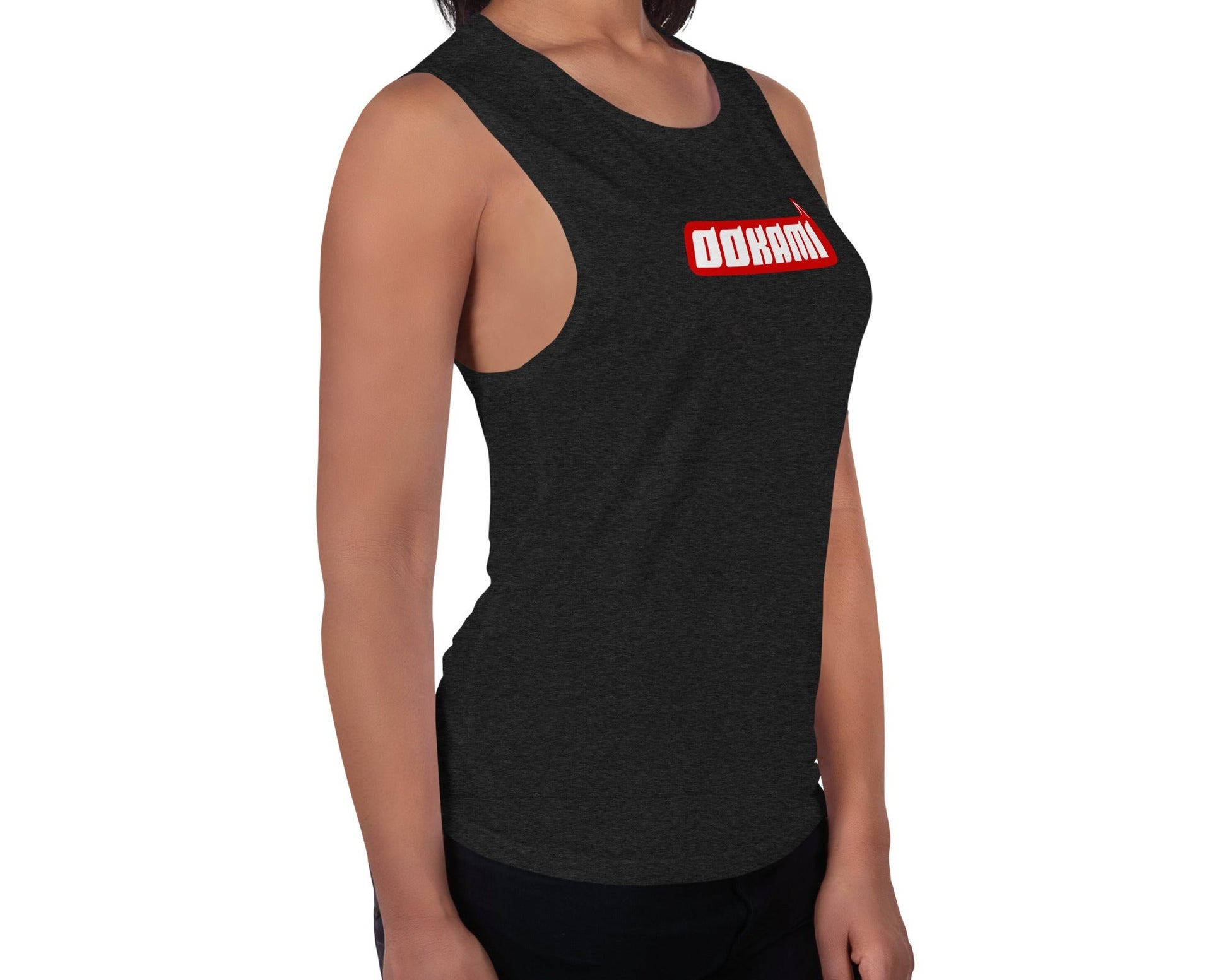 Model wearing the OOKAMI Logo Red women's muscle tank top, side view