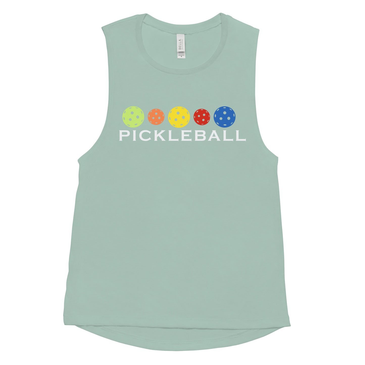 Dusty blue Women's Muscle Tank Top with vibrant pickleball colors.