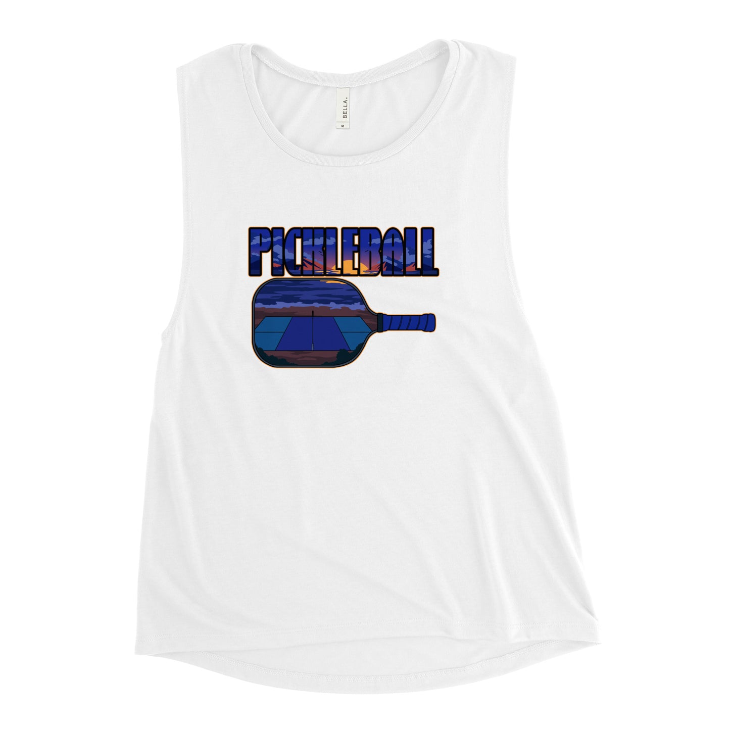White muscle tank with a pickleball sunset design, front view.