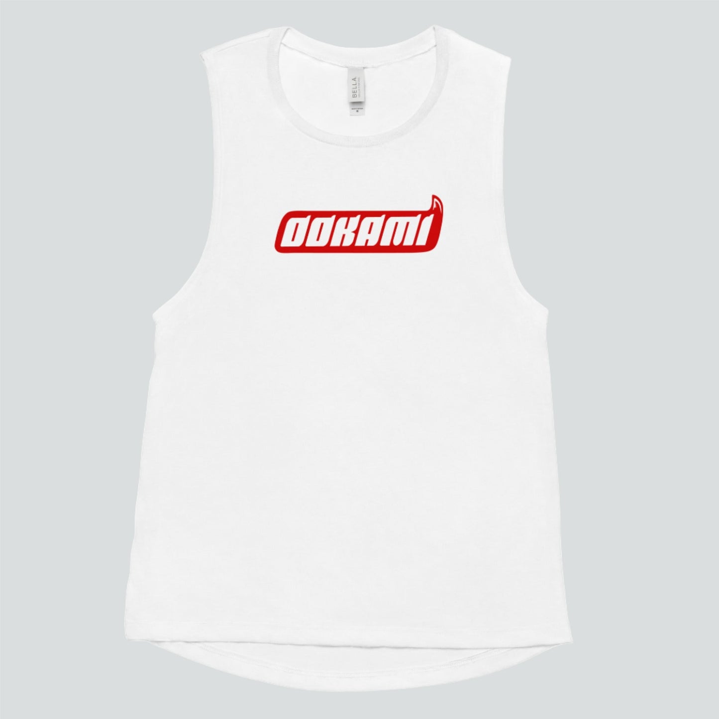 Flat lay of the OOKAMI Logo Red women's muscle tank top in white, front view