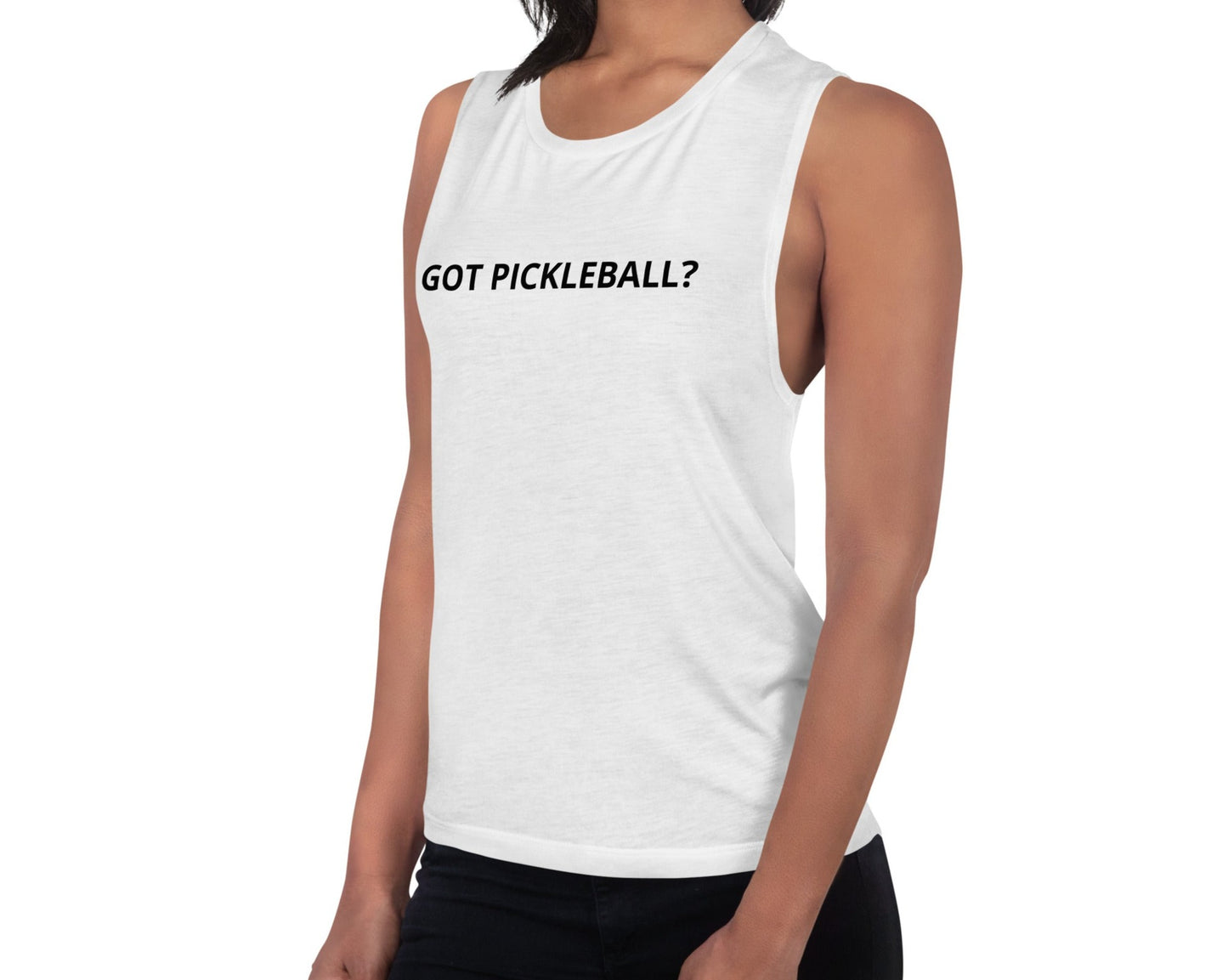 Front-right view of Women's Muscle Tank Top - Got Pickleball? in white, modeled.