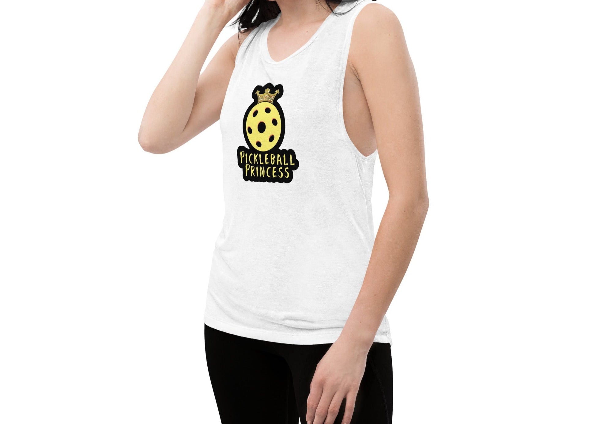 Front view of Women's Muscle Tank - Pickleball Princess in white
