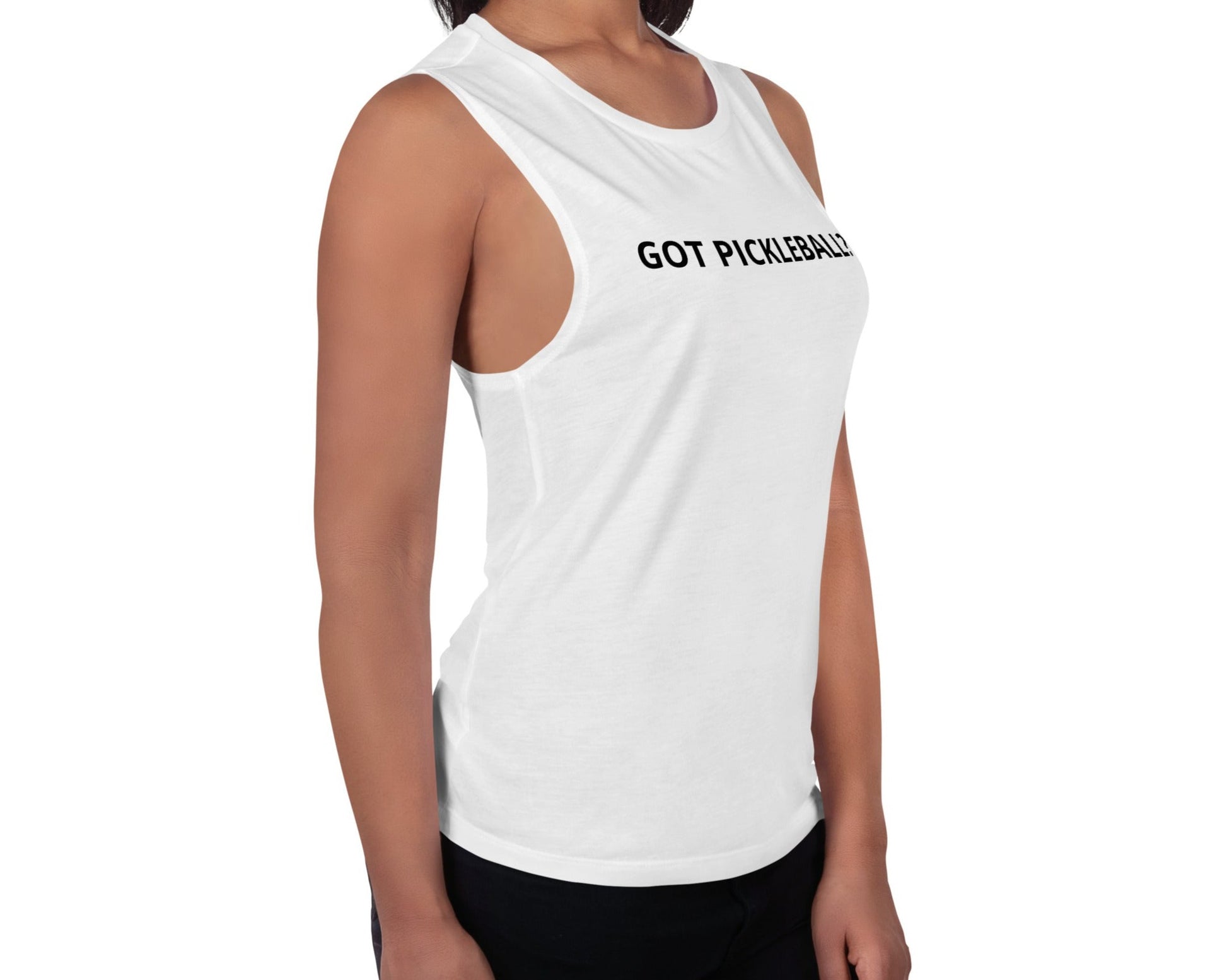 Front-left view of Women's Muscle Tank Top - Got Pickleball? in white, modeled.