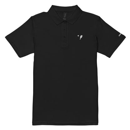 Black Women's Pique Pickleball Polo Shirt displayed flat, with a white pickleball logo on the left chest.