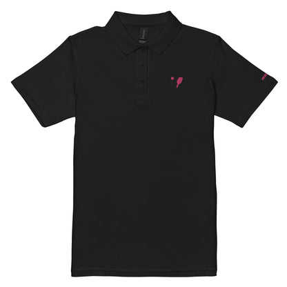 Classic black women's pickleball polo shirt with distinctive pink paddle embroidery, offering a sleek look for pickleball players.