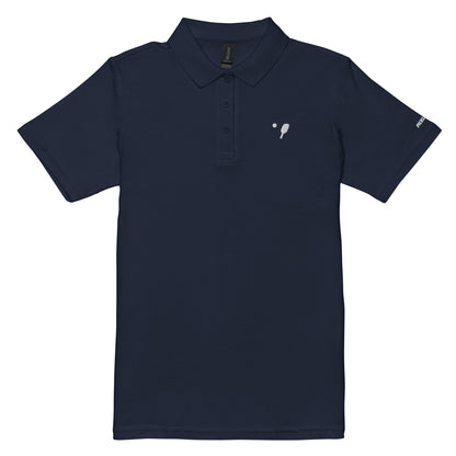 Navy Women's Pique Pickleball Polo Shirt displayed flat, with a white pickleball logo on the left chest.