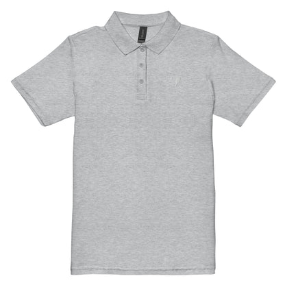 Gray Women's Pique Pickleball Polo Shirt displayed flat, with a white pickleball logo on the left chest.