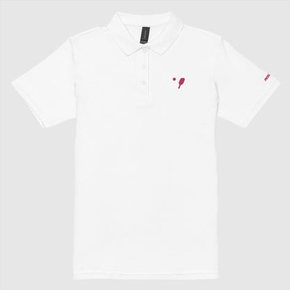 Stylish white women's pickleball polo shirt with pink pickleball paddle and ball embroidery on the left chest, tailored from 100% ring-spun cotton for comfort and durability on the court