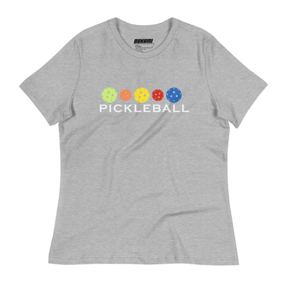 Front view of an athletic heather Women's Relaxed T-Shirt with a Colorful Pickleballs design.