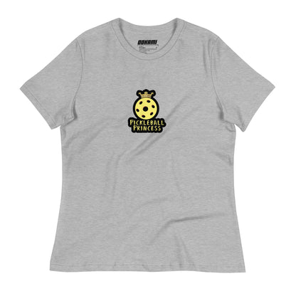 Front view of an athletic heather Women's Relaxed T-Shirt with a Pickleball Princess design.