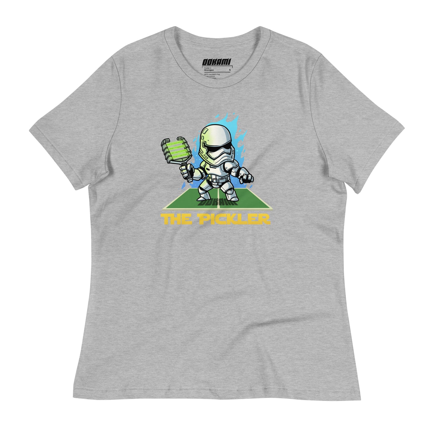 Athletic Heather Women's Relaxed T-Shirt with The Pickler design, inspired by a Star Wars stormtrooper, front view.