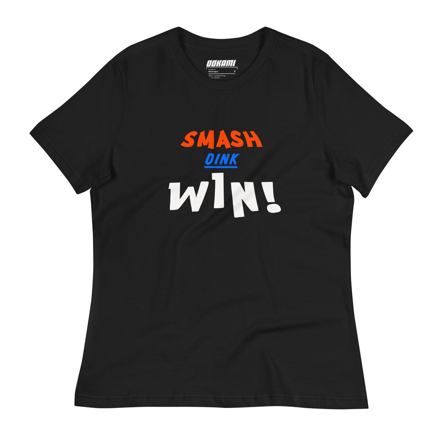 Front view of a black Women's Relaxed T-Shirt with "Smash Dink Win" design.