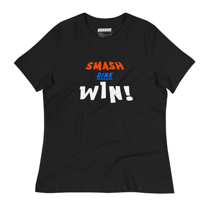 Front view of a black Women's Relaxed T-Shirt with "Smash Dink Win" design.