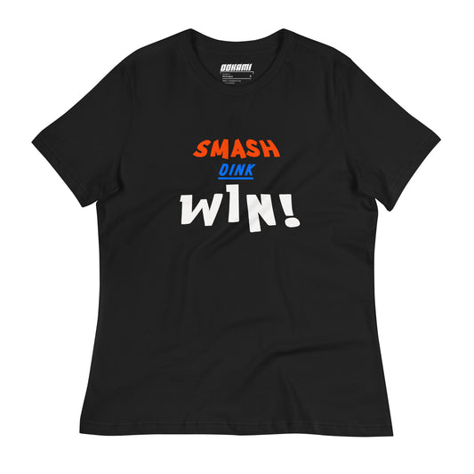 Front view of a black Women's Relaxed T-Shirt with "Smash Dink Win" design.