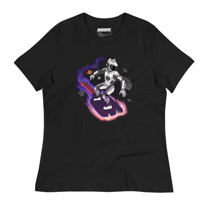 Front view of a black Women's Relaxed T-Shirt with a Space Explorer Pickleballer design.