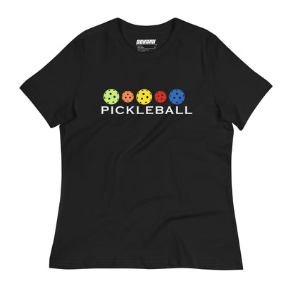 Front view of a black Women's Relaxed T-Shirt with a Colorful Pickleballs design.