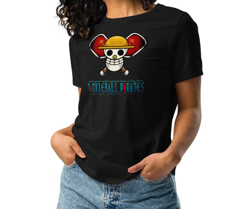 Person wearing the OOKAMI SPORTS Pickleball Pirates T-Shirt with a striking One Piece anime-inspired Jolly Roger design, perfect for pirate-themed enthusiasts and active lifestyles.