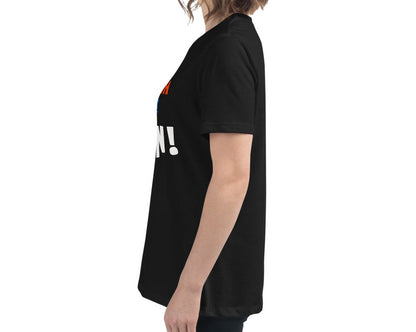 Side view of a woman wearing a black Women's Relaxed T-Shirt with "Smash Dink Win" design.