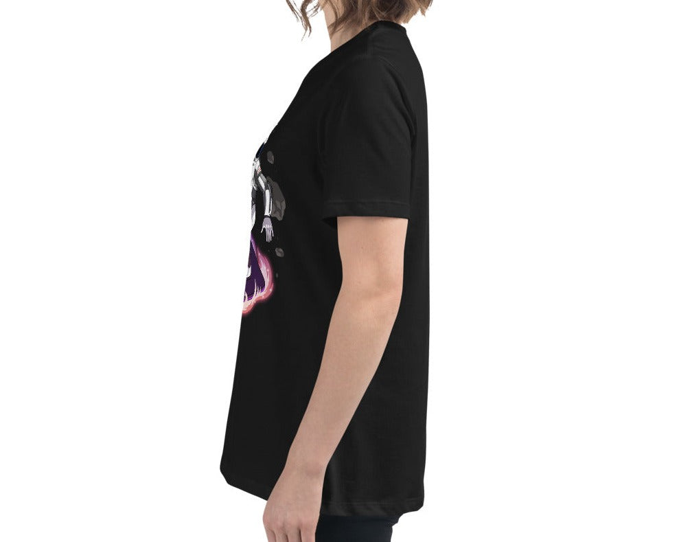 Side view of a woman wearing a black Women's Relaxed T-Shirt with a Space Explorer Pickleballer design.