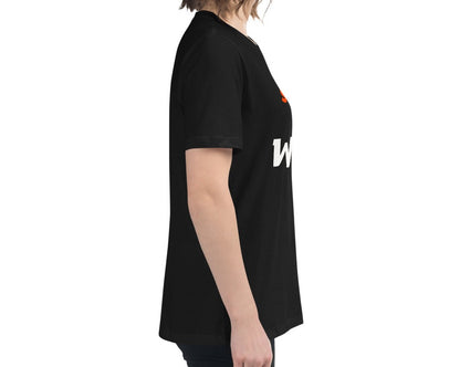 Alternate side view of a woman wearing a black Women's Relaxed T-Shirt with "Smash Dink Win" design.
