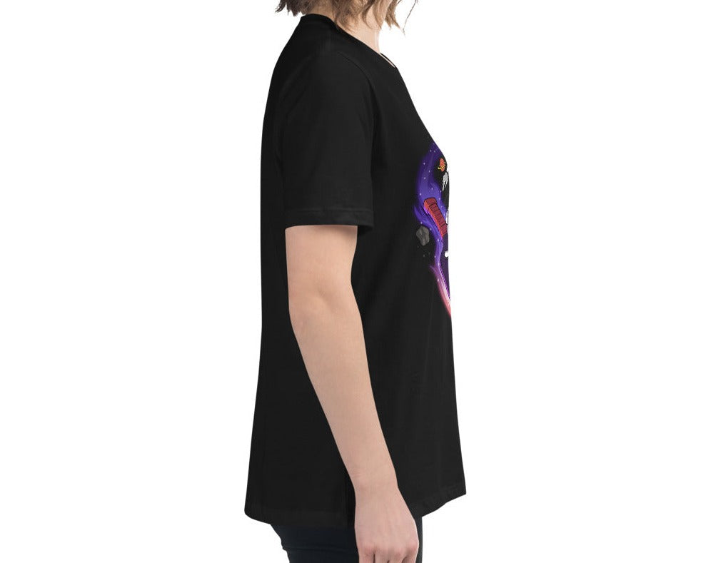 Alternate side view of a woman wearing a black Women's Relaxed T-Shirt with a Space Explorer Pickleballer design.