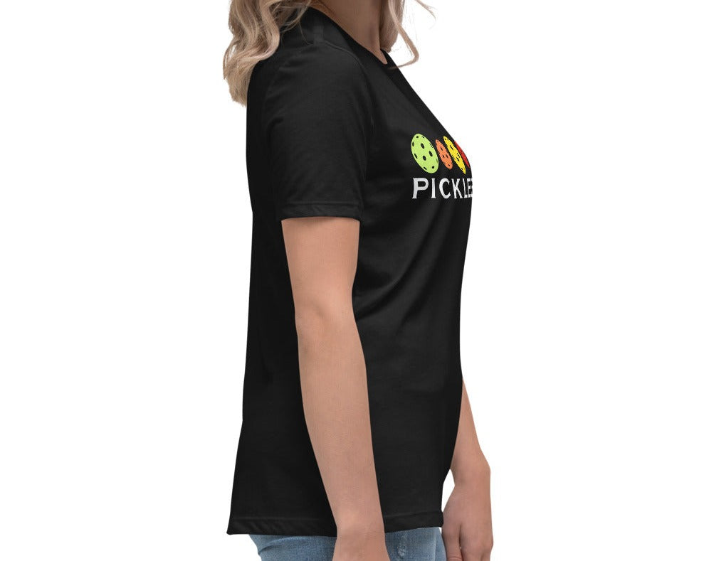 Alternate side view of a woman wearing a black Women's Relaxed T-Shirt with a Colorful Pickleballs design.