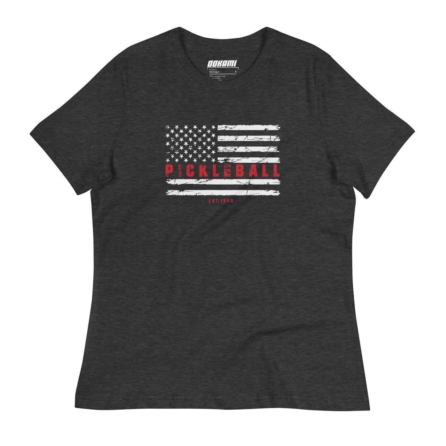 Front view of a dark grey heather Women's Relaxed T-Shirt with a USA flag and "Pickleball" design.
