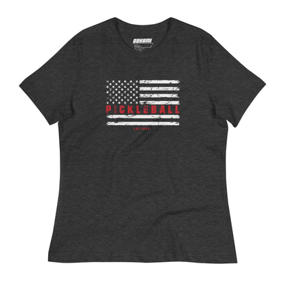 Front view of a dark grey heather Women's Relaxed T-Shirt with a USA flag and "Pickleball" design.