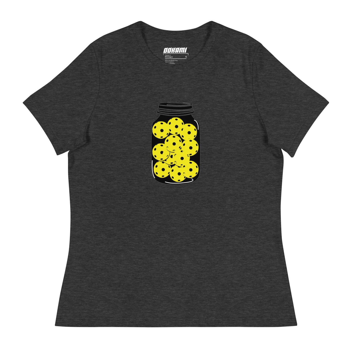 Women's relaxed dark grey heather T-shirt with a jar of pickleballs design on the front.
