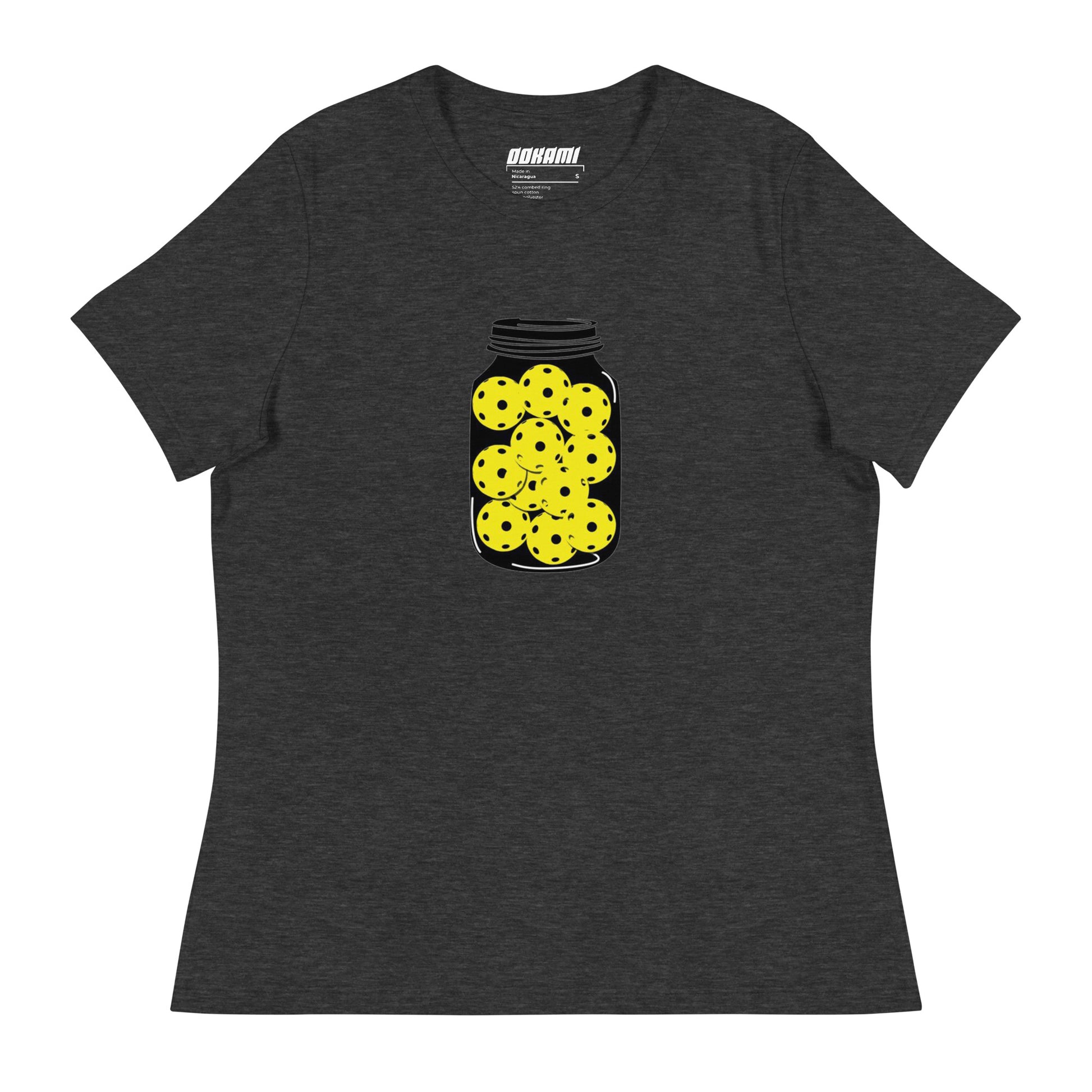 Women's relaxed dark grey heather T-shirt with a jar of pickleballs design on the front.