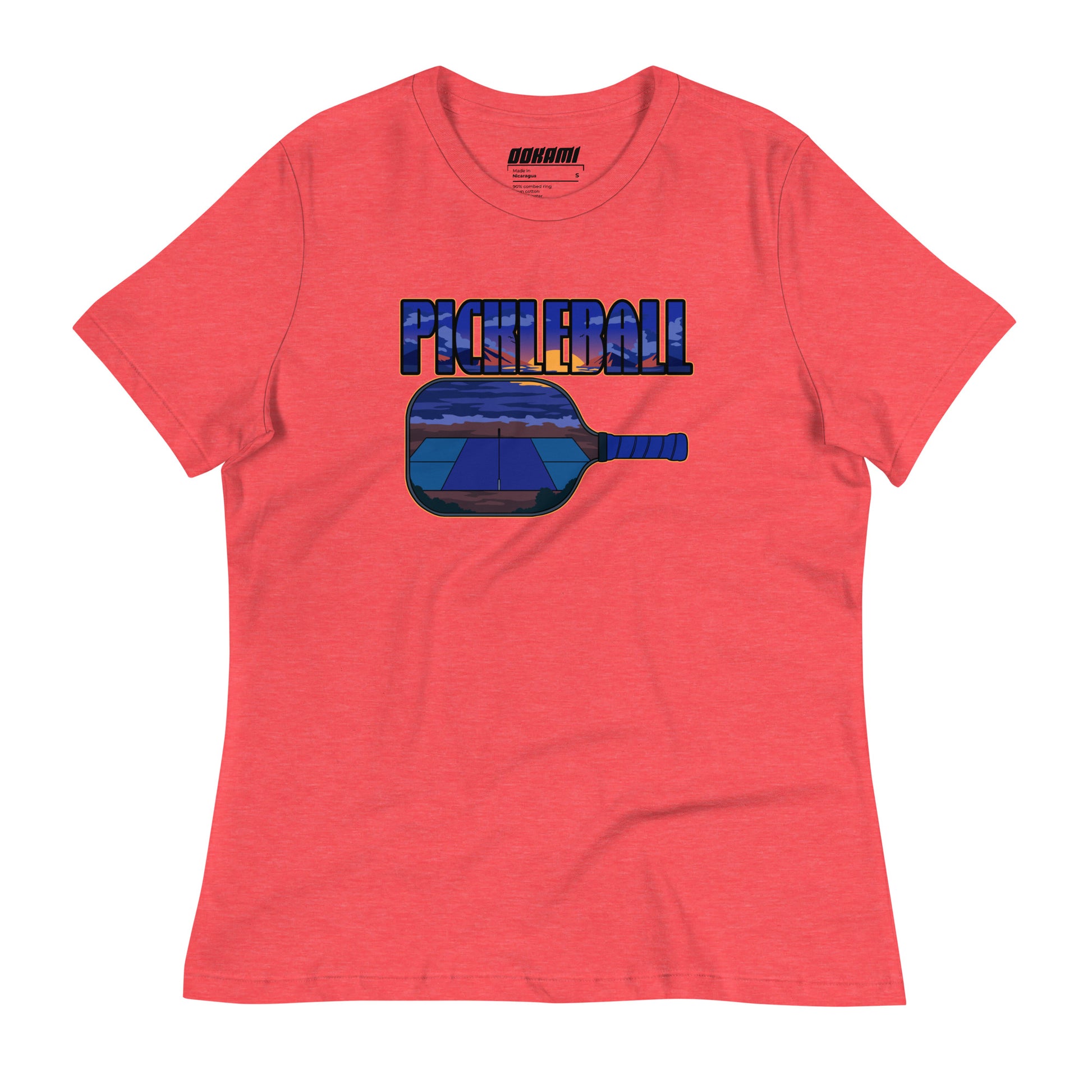 Front view of a heather red Women's Relaxed T-Shirt with a Sunset Pickleball Paddle design.