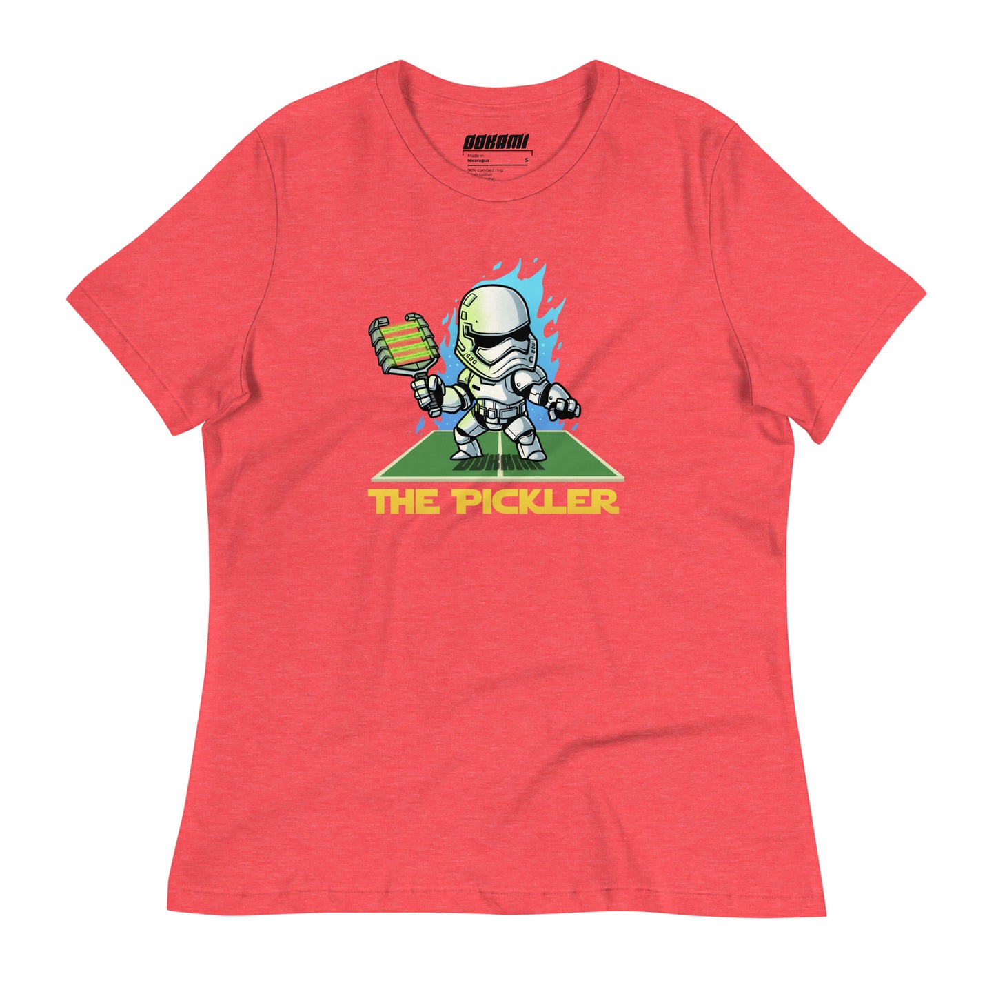 Heather Red Women's Relaxed T-Shirt with The Pickler design, inspired by a Star Wars stormtrooper, front view.