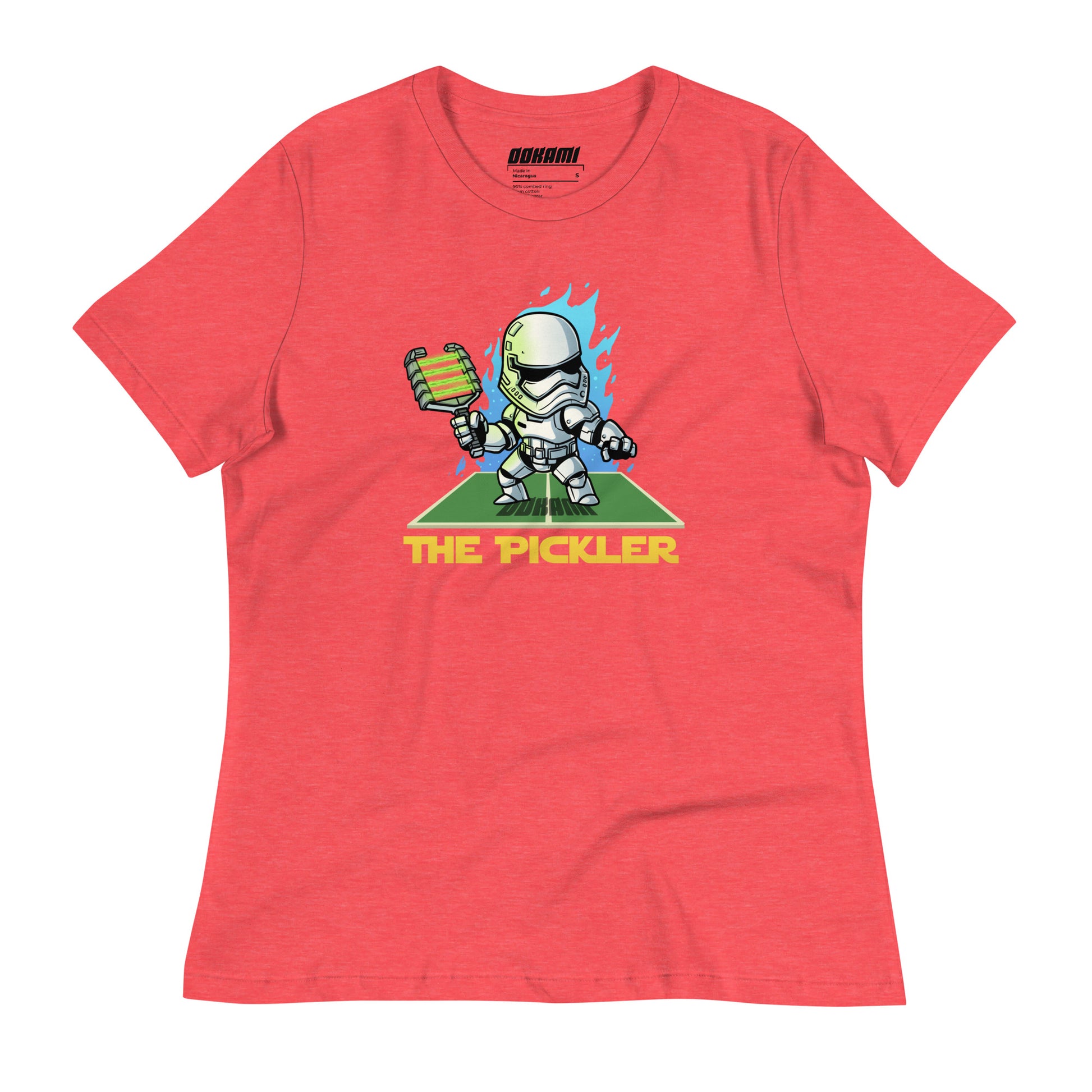 Heather Red Women's Relaxed T-Shirt with The Pickler design, inspired by a Star Wars stormtrooper, front view.