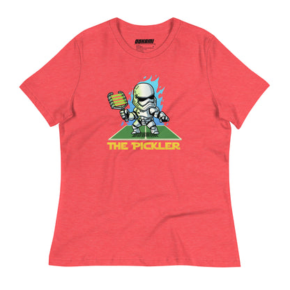Heather Red Women's Relaxed T-Shirt with The Pickler design, inspired by a Star Wars stormtrooper, front view.