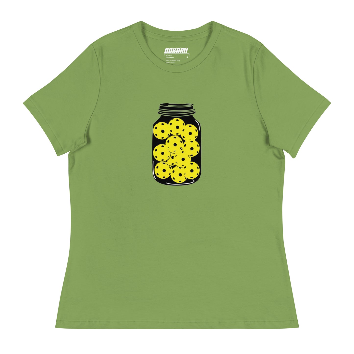  Women's relaxed leaf green T-shirt with a jar of pickleballs design on the front.