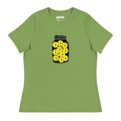  Women's relaxed leaf green T-shirt with a jar of pickleballs design on the front.