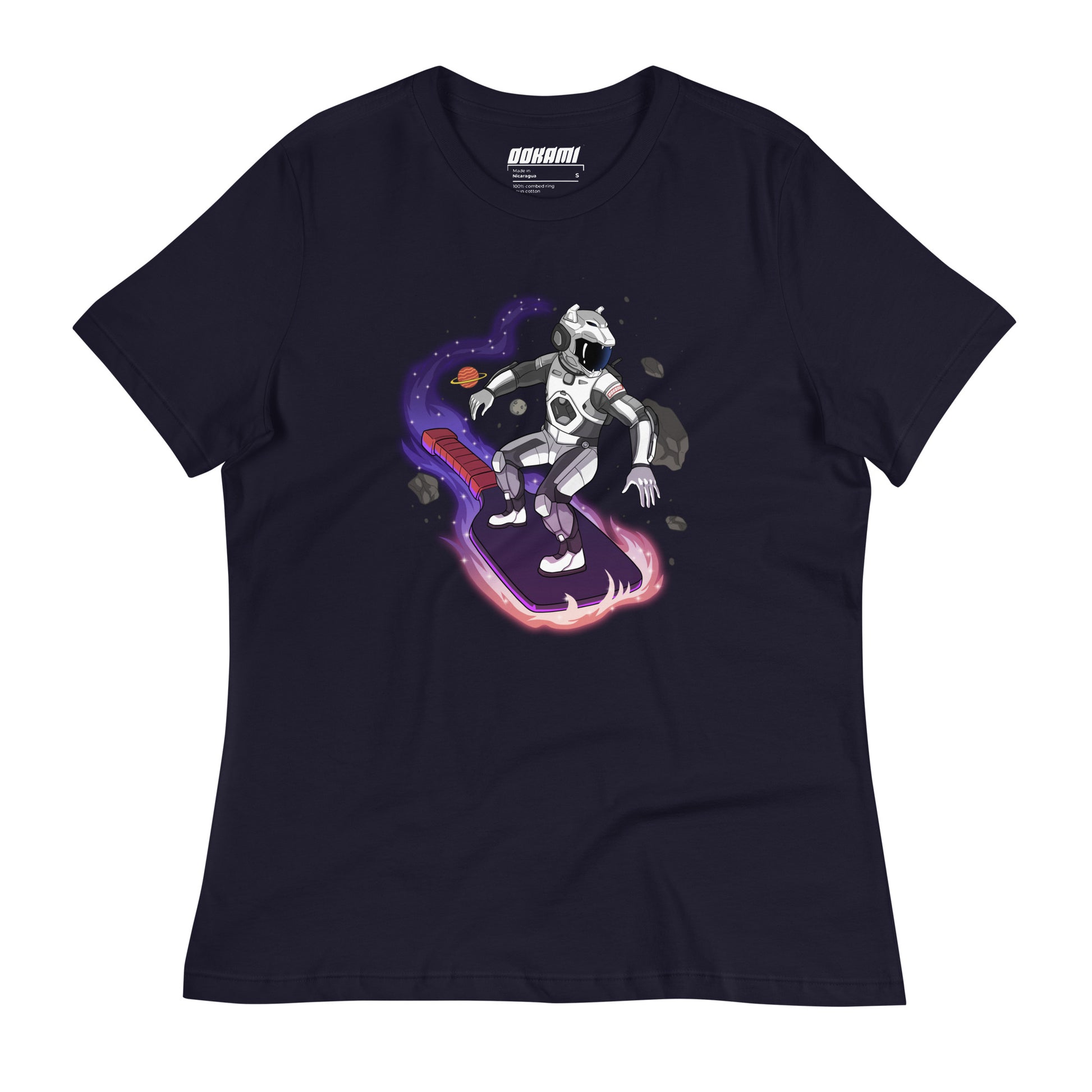 Front view of a navy Women's Relaxed T-Shirt with a Space Explorer Pickleballer design.