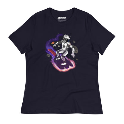 Front view of a navy Women's Relaxed T-Shirt with a Space Explorer Pickleballer design.