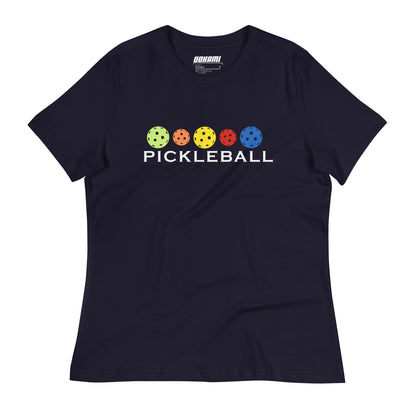Front view of a navy Women's Relaxed T-Shirt with a Colorful Pickleballs design.