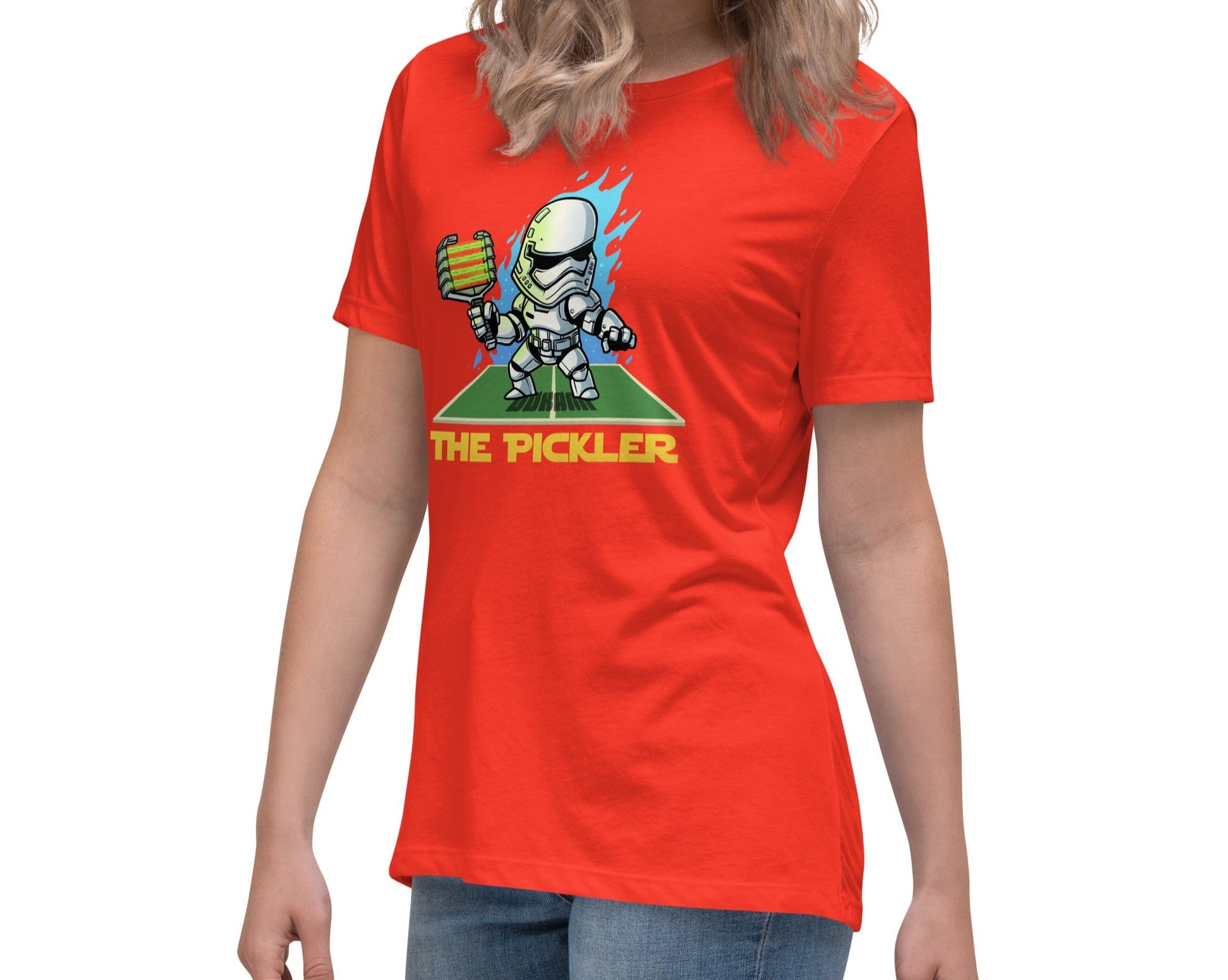 Side view of a woman wearing a Poppy Women's Relaxed T-Shirt with The Pickler design, inspired by a Star Wars stormtrooper.