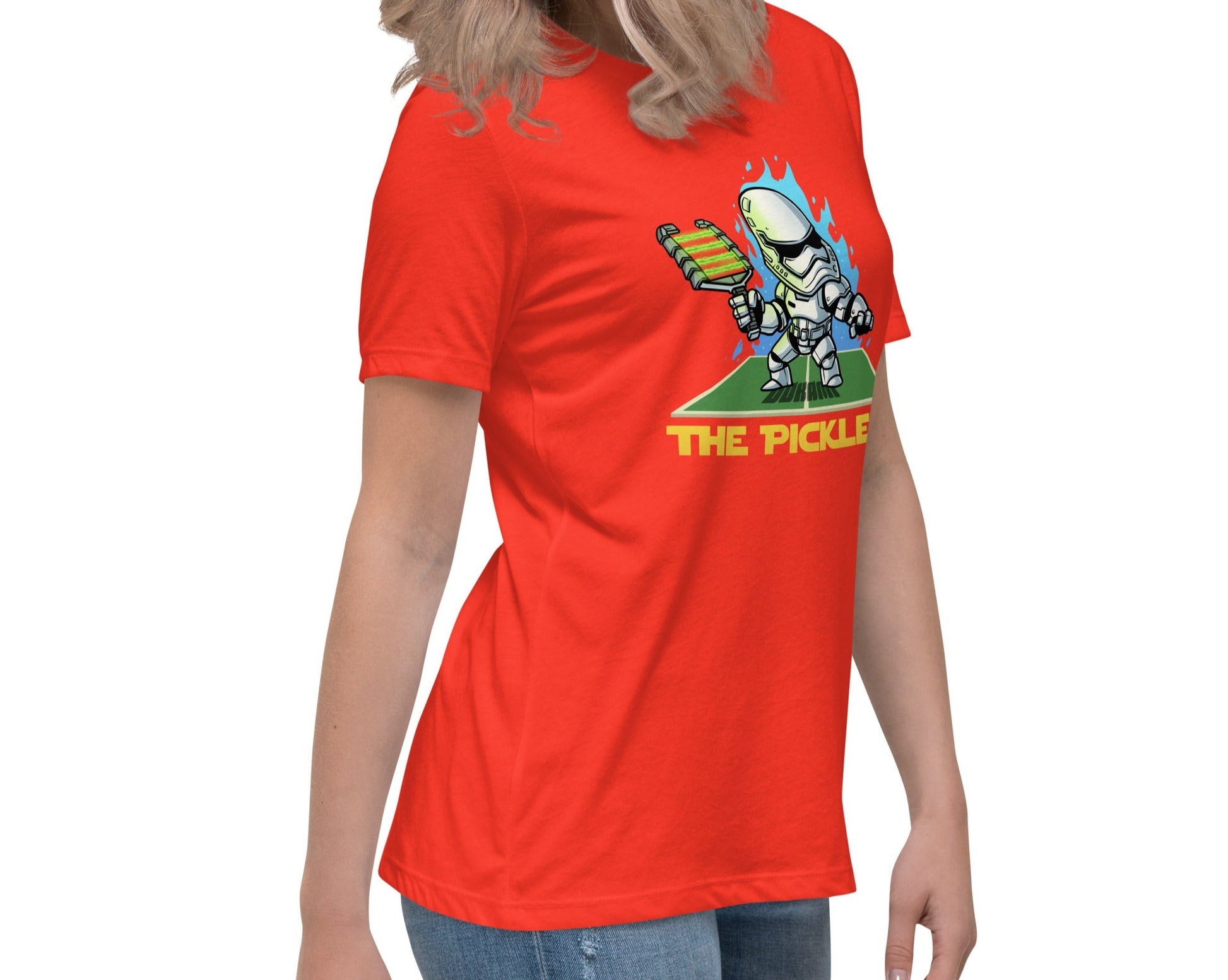 Side view of a Poppy Women's Relaxed T-Shirt with The Pickler design, inspired by a Star Wars stormtrooper.