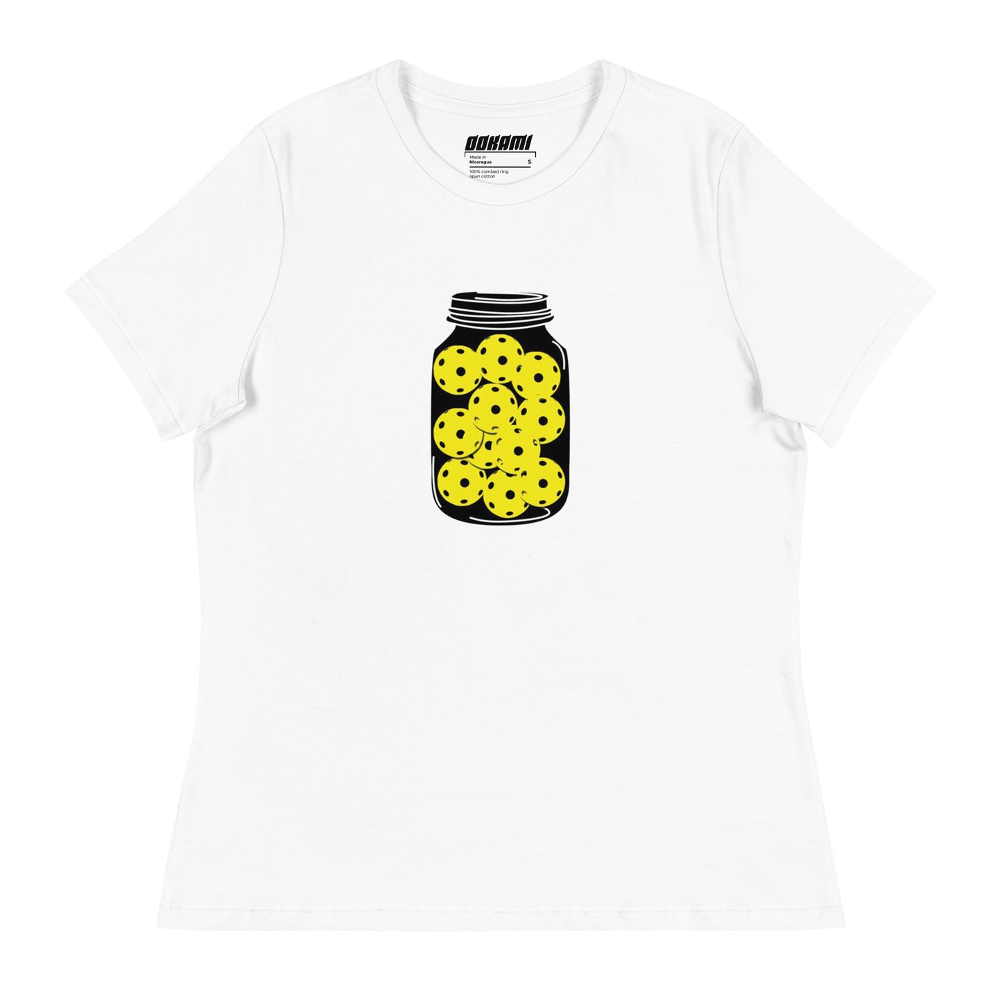 Women's relaxed white T-shirt with a jar of pickleballs design on the front.