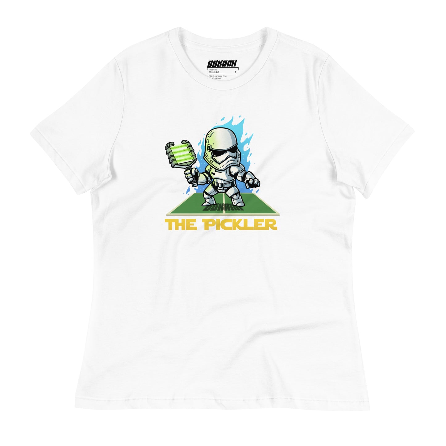 White Women's Relaxed T-Shirt with The Pickler design, inspired by a Star Wars stormtrooper, front view.