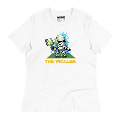 White Women's Relaxed T-Shirt with The Pickler design, inspired by a Star Wars stormtrooper, front view.