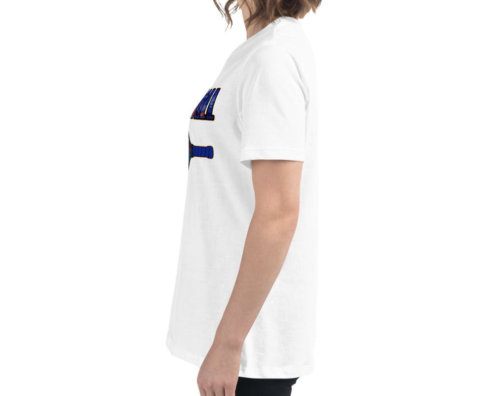 Alternate side view of a woman wearing a white Women's Relaxed T-Shirt with a Sunset Pickleball Paddle design.