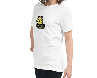 Side view of a woman wearing a white Women's Relaxed T-Shirt with a Pickleball Princess design.