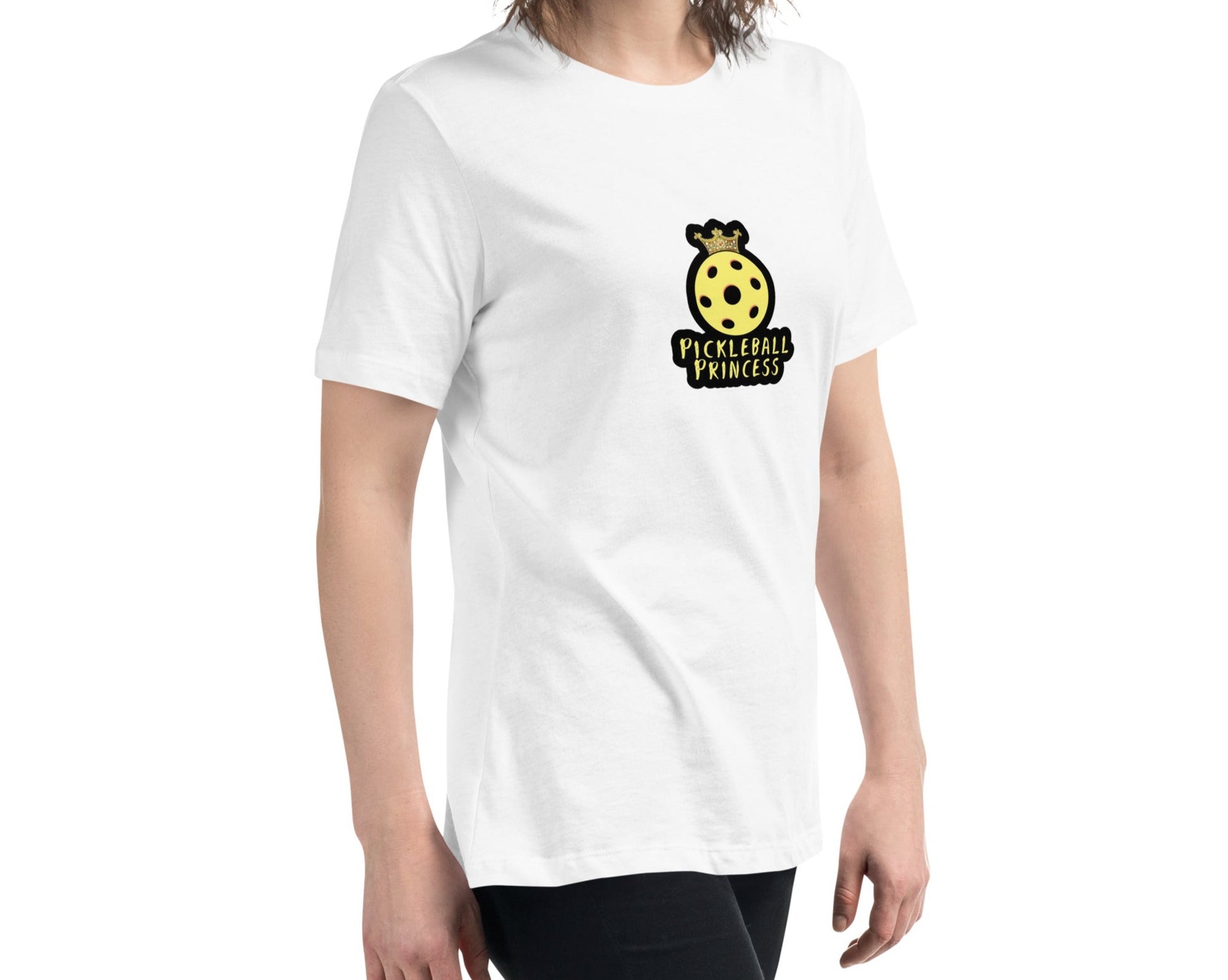Alternate side view of a woman wearing a white Women's Relaxed T-Shirt with a Pickleball Princess design.