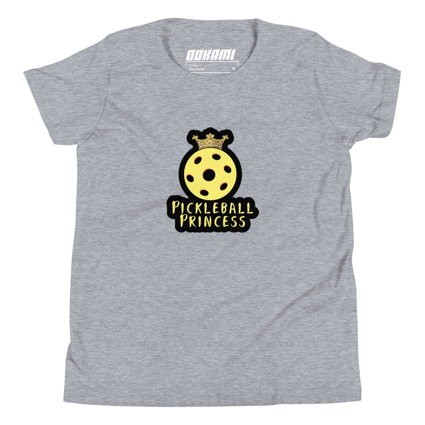 Front view of a heather grey youth t-shirt featuring a yellow pickleball with a crown and the text "Pickleball Princess.