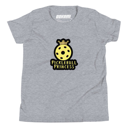 Front view of a heather grey youth t-shirt featuring a yellow pickleball with a crown and the text "Pickleball Princess.